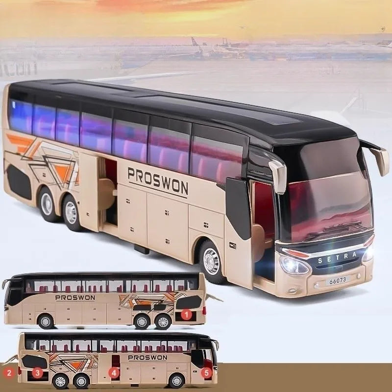 1:50 Luxury Bus Toy Car For Boy Diecast Metal Model For Children Pull Back Miniature Sound Light Educational Collection Gift Kid