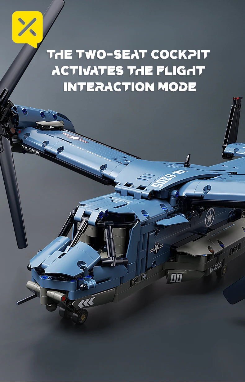 Military V-22 Osprey Tiltrotor Building Blocks Set Large Size High-Fidelity Sliding Roller Aircraft Model Propellers Bricks Toy