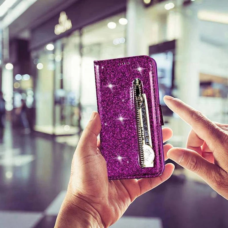 Wallet Glitter Zipper Flip Leather Case For Samsung Galaxy S25 Edge S24 S23 S22 Ultra S21/S20 FE A15 A16 A17 A35 A36 A54 A55 A56