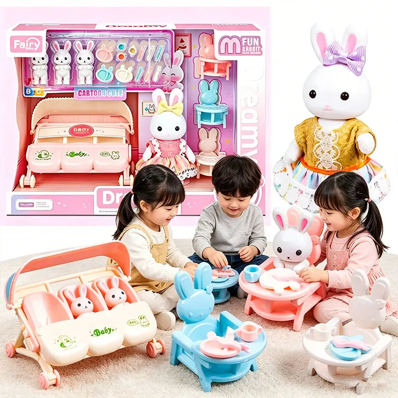 Dollhouse Furniture Miniature Bunny Nursery Pretend Play Set with Dolls & Stroller Kids Role Play Toy Toddlers Birthday Gifts