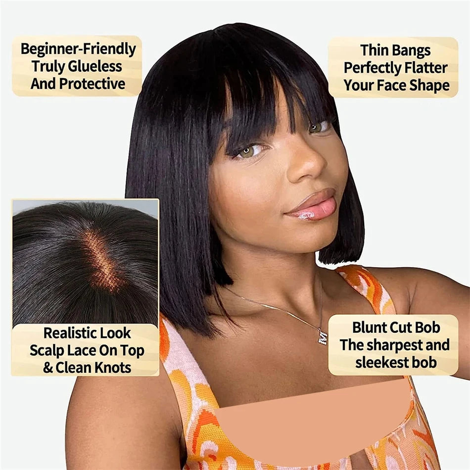Straight Human Hair Wig Black Color Full Woven With Bangs 3x1 Lace Wig Straight Wigs Brazilian Full Machine Made Wigs For Women