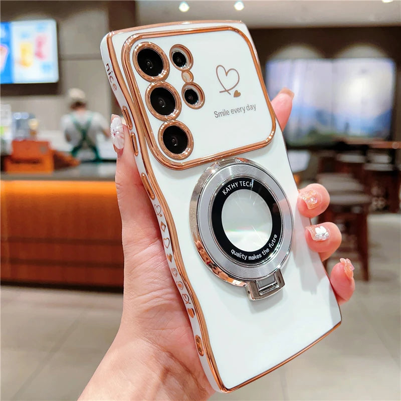 Rotatable Magnetic Kickstand Silicone Phone Case For Samsung S26 Ultra S25Edge S24/23FE S22 Plus Electroplating Love Heart Shell