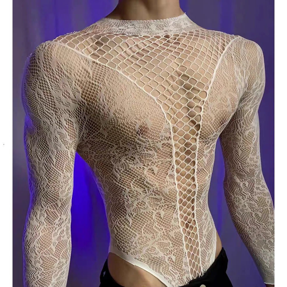 Summer Men's Mesh Tank Transparent Full Sleeves Round Neck T-shirt MenWomen Comfortable Breathable Bodysuit Trend Party Clothing