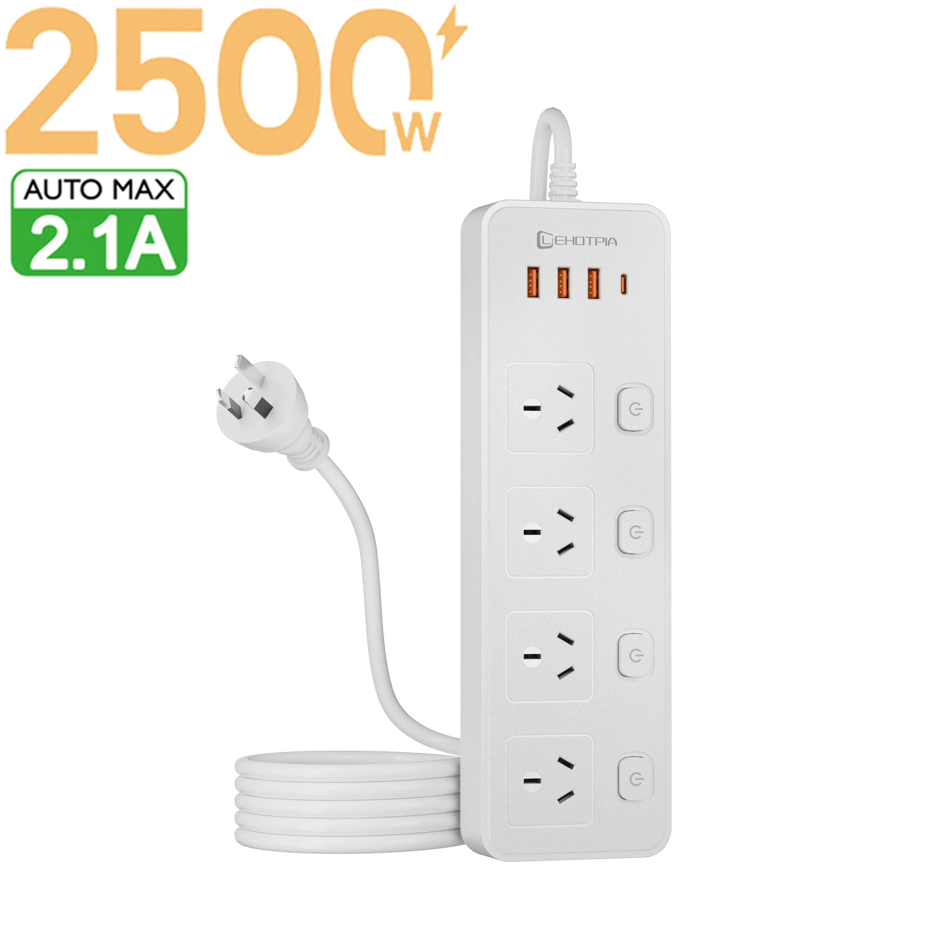 Australia AU Plug AC Power Strip Outlets Independent Switch 1.8m Extension Cord Socket Network Filter With USB C Charging Ports