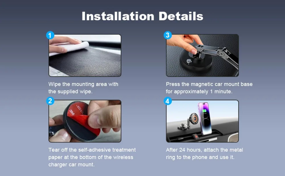 15W Magnetic Car Phone Holder Mount Wireless Charger Rotation Magnetic Car Phone Stand Fast Charging for IPhone 16 15 14 13 12