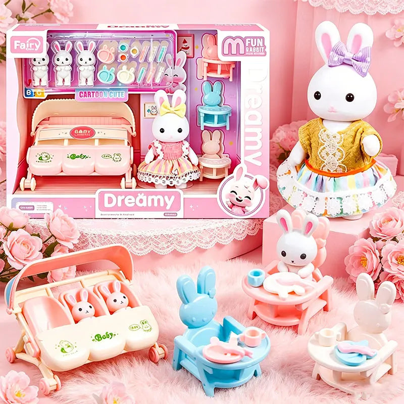 Dollhouse Furniture Miniature Bunny Nursery Pretend Play Set with Dolls & Stroller Kids Role Play Toy Toddlers Birthday Gifts