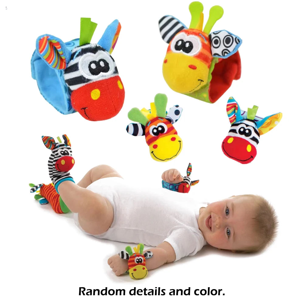 4pcs Baby Rattle Toys Cute Stuffed Animals Wrist Rattle Foot Finder Socks 0~24 Months for Infant Boy Girl Newborn Gift