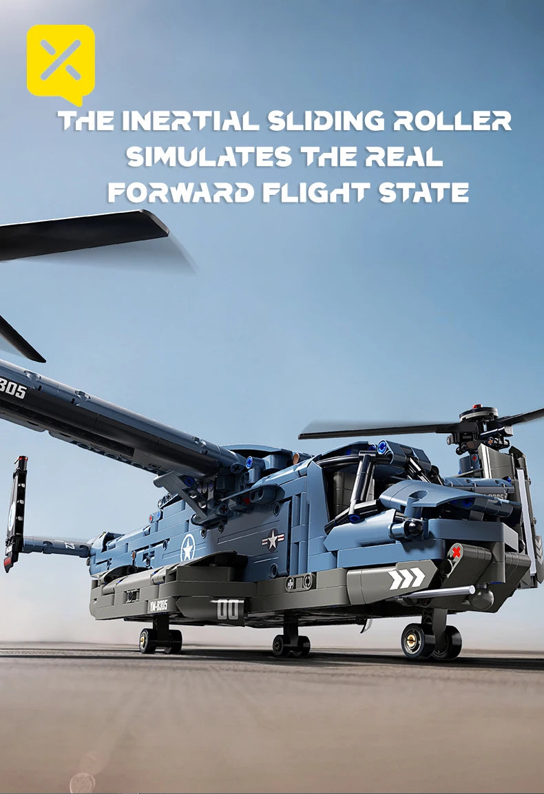 Military V-22 Osprey Tiltrotor Building Blocks Set Large Size High-Fidelity Sliding Roller Aircraft Model Propellers Bricks Toy