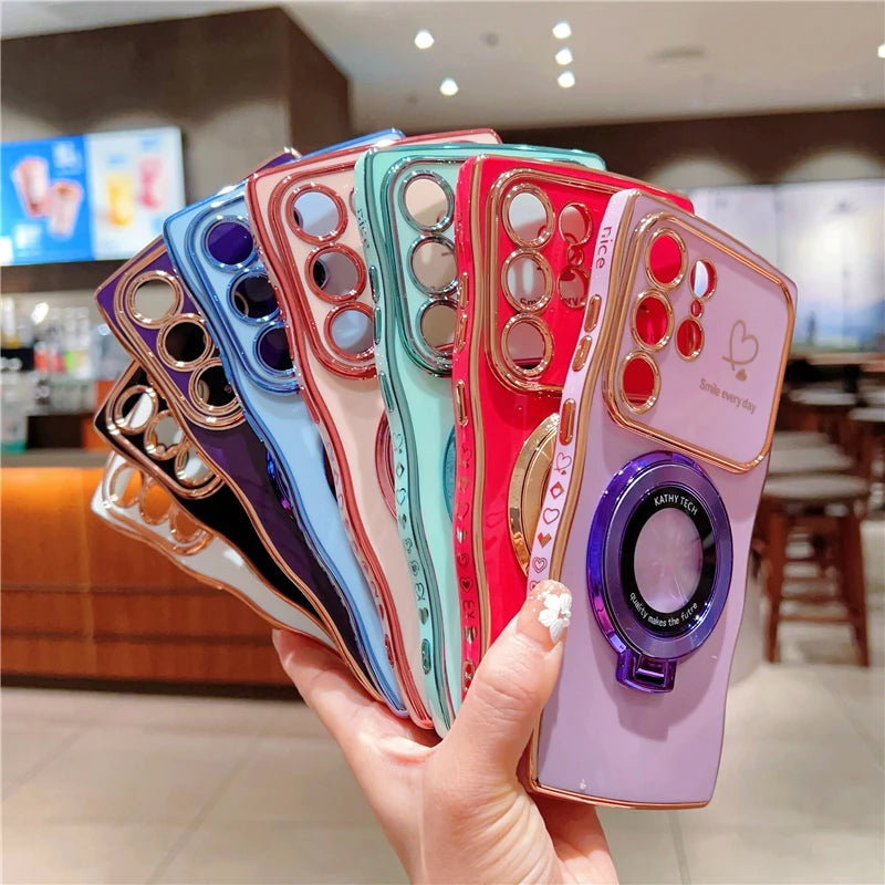 Rotatable Magnetic Kickstand Silicone Phone Case For Samsung S26 Ultra S25Edge S24/23FE S22 Plus Electroplating Love Heart Shell