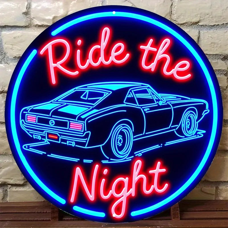 Vintage Muscle Car Neon Sign 7.8" Aluminum Wall Art - 'Night Ride' Blue & White Bar Cafe Beach Decor