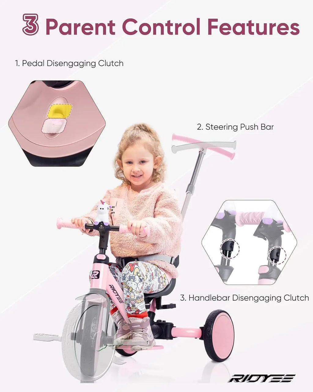 5-in-1 Convertible Kids Tricycle for Toddlers 1.5-3, Tool-Free Push Trike to Balance Bike with Safety Belt, Pink Ride-On Toy