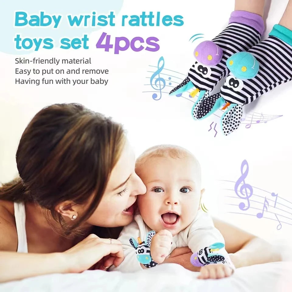 4pcs Baby Rattle Toys Cute Stuffed Animals Wrist Rattle Foot Finder Socks 0~24 Months for Infant Boy Girl Newborn Gift