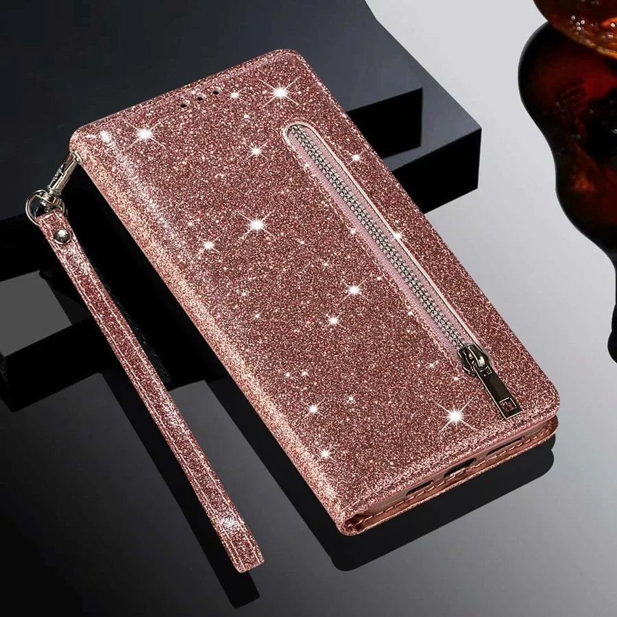 Wallet Glitter Zipper Flip Leather Case For Samsung Galaxy S25 Edge S24 S23 S22 Ultra S21/S20 FE A15 A16 A17 A35 A36 A54 A55 A56