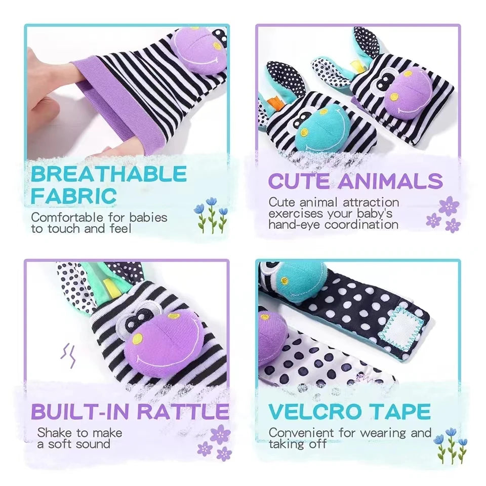 4pcs Baby Rattle Toys Cute Stuffed Animals Wrist Rattle Foot Finder Socks 0~24 Months for Infant Boy Girl Newborn Gift
