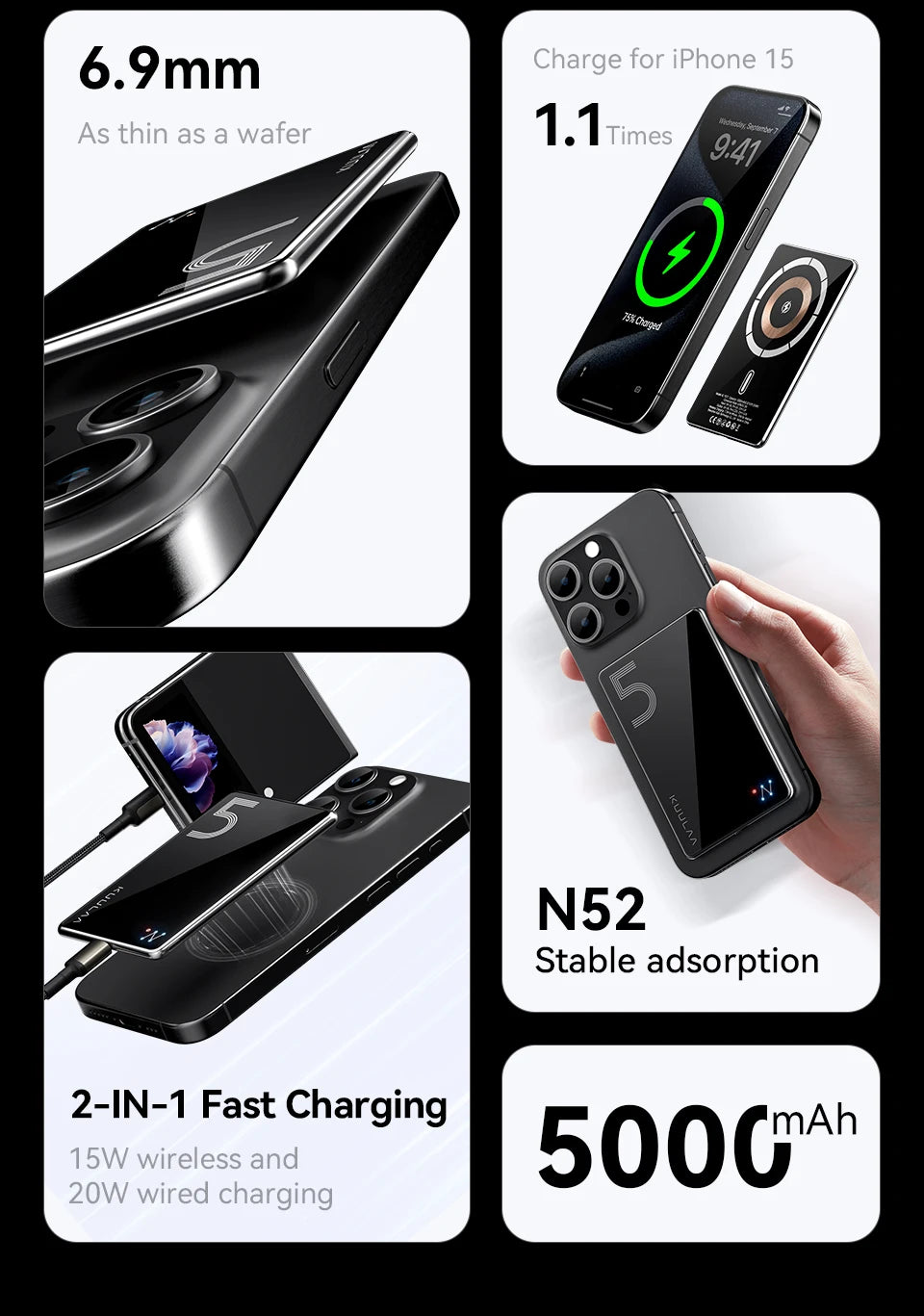 KUULAA Magnetic Power Bank 5000mAh Magnetic Wireless Phone Charger External Battery 20W Fast Charging For iPhone 17 16 PowerBank