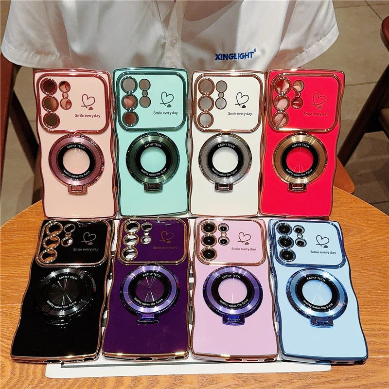 Rotatable Magnetic Kickstand Silicone Phone Case For Samsung S26 Ultra S25Edge S24/23FE S22 Plus Electroplating Love Heart Shell