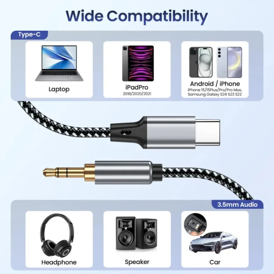 USB Type C To 3.5Mm Jack AUX Cable DAC USB-C Audio Adapter 1m 1.5m 2m for Phone Headphones Car HIFI Stereo Sound Audio Connector