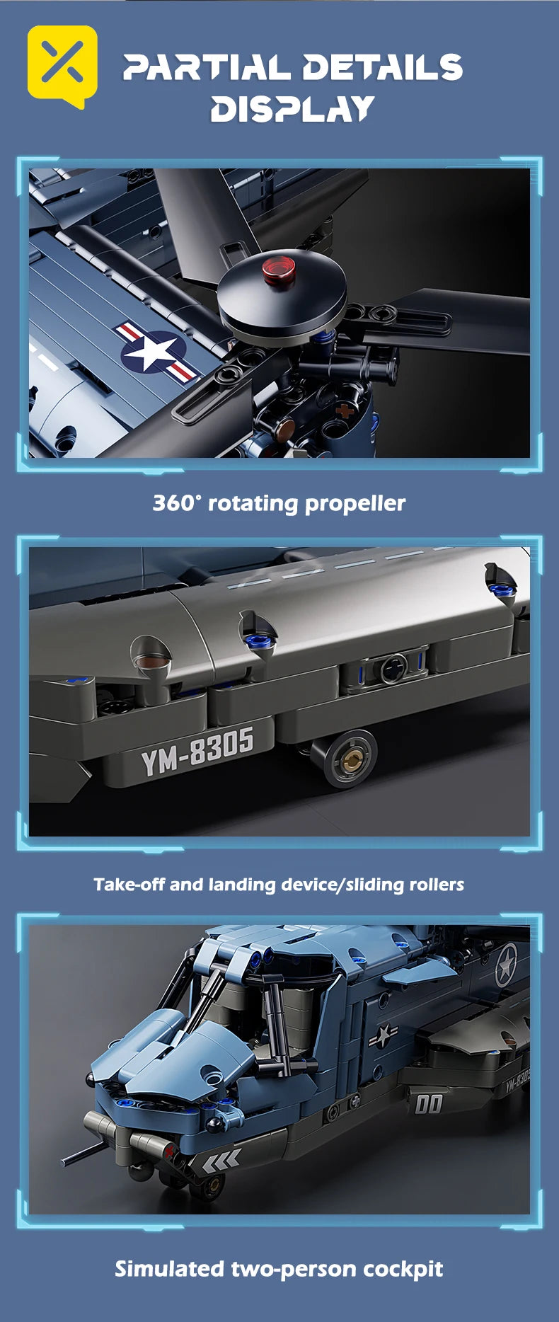 Military V-22 Osprey Tiltrotor Building Blocks Set Large Size High-Fidelity Sliding Roller Aircraft Model Propellers Bricks Toy