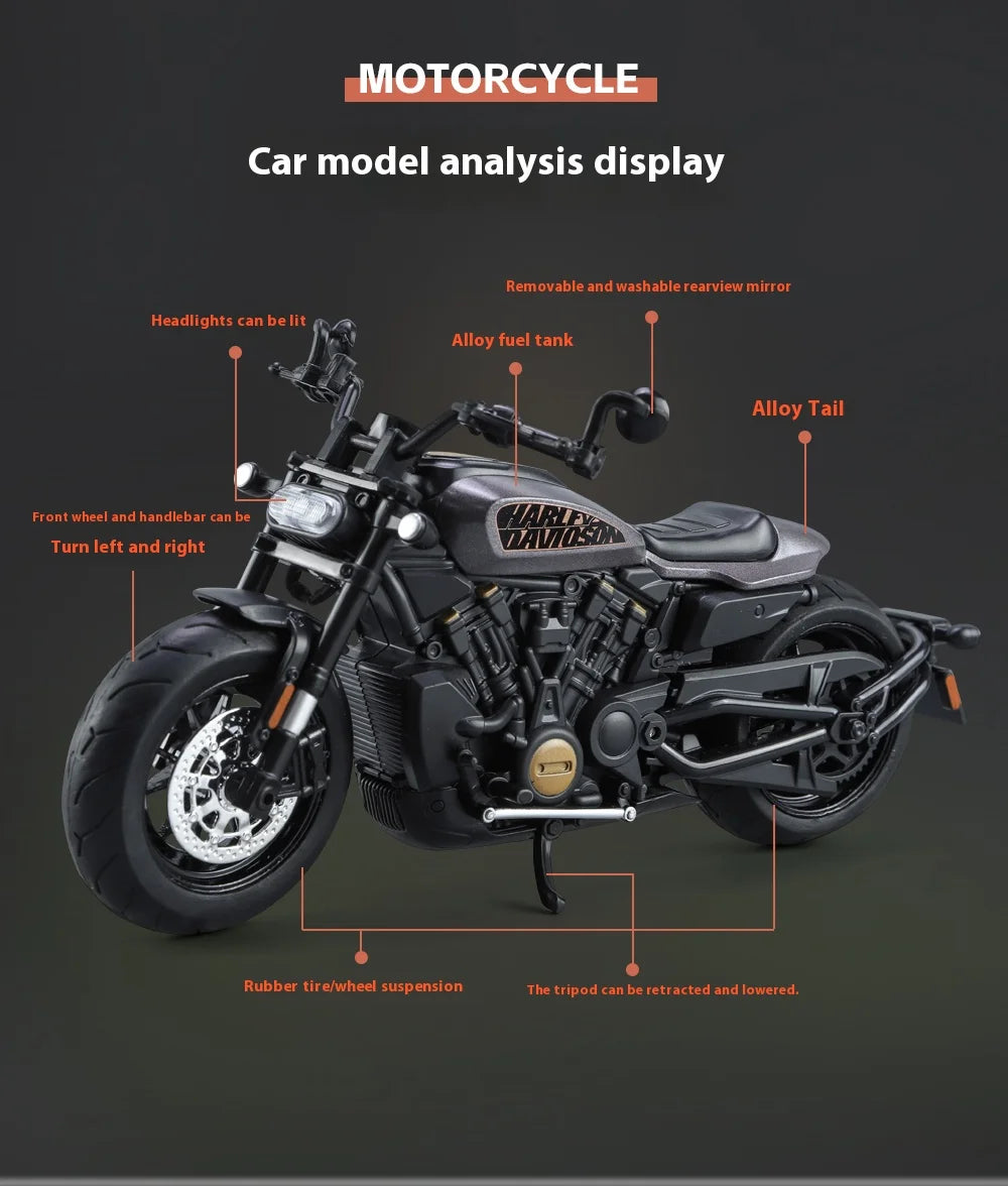 Simulation 1/12 Davidson SPORTSTER-S Off-road Alloy Motorcycle, Model Ornaments for Children Toys for Boys Holiday Gifts
