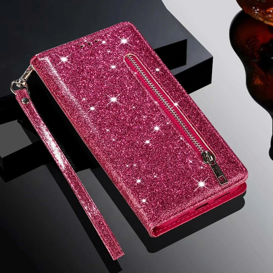 Wallet Glitter Zipper Flip Leather Case For Samsung Galaxy S25 Edge S24 S23 S22 Ultra S21/S20 FE A15 A16 A17 A35 A36 A54 A55 A56