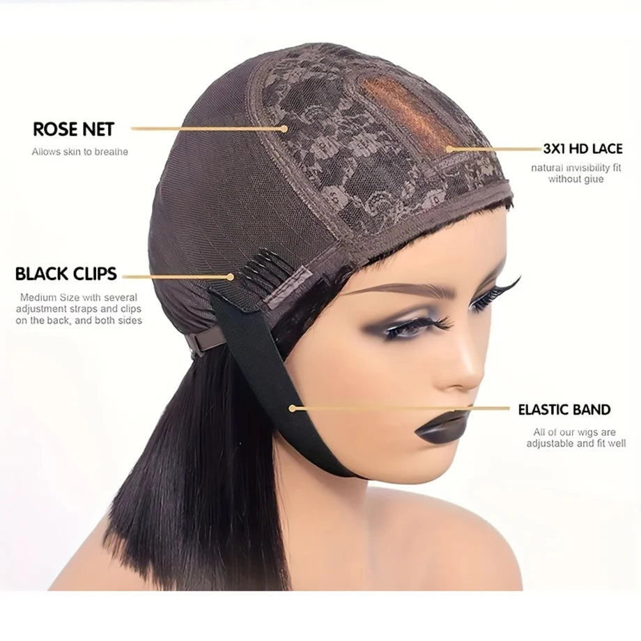 Straight Human Hair Wig Black Color Full Woven With Bangs 3x1 Lace Wig Straight Wigs Brazilian Full Machine Made Wigs For Women