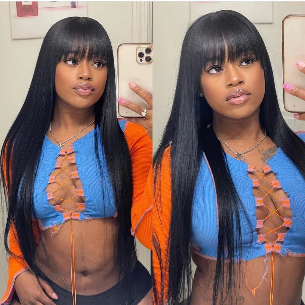 Straight Human Hair Wig Black Color Full Woven With Bangs 3x1 Lace Wig Straight Wigs Brazilian Full Machine Made Wigs For Women