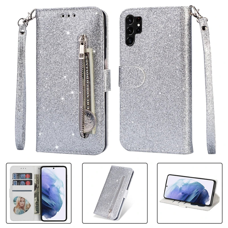 Wallet Glitter Zipper Flip Leather Case For Samsung Galaxy S25 Edge S24 S23 S22 Ultra S21/S20 FE A15 A16 A17 A35 A36 A54 A55 A56