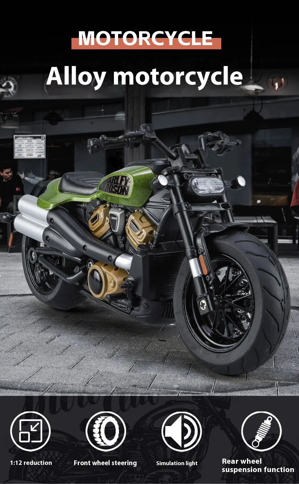 Simulation 1/12 Davidson SPORTSTER-S Off-road Alloy Motorcycle, Model Ornaments for Children Toys for Boys Holiday Gifts