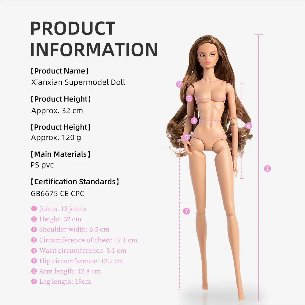 32cm Supermodel Fashion Doll FR43 FR44 Molly Girl Brown Hair Skin 12 Joint Movable Body DollHouse DIY Dress Up Toys Collector