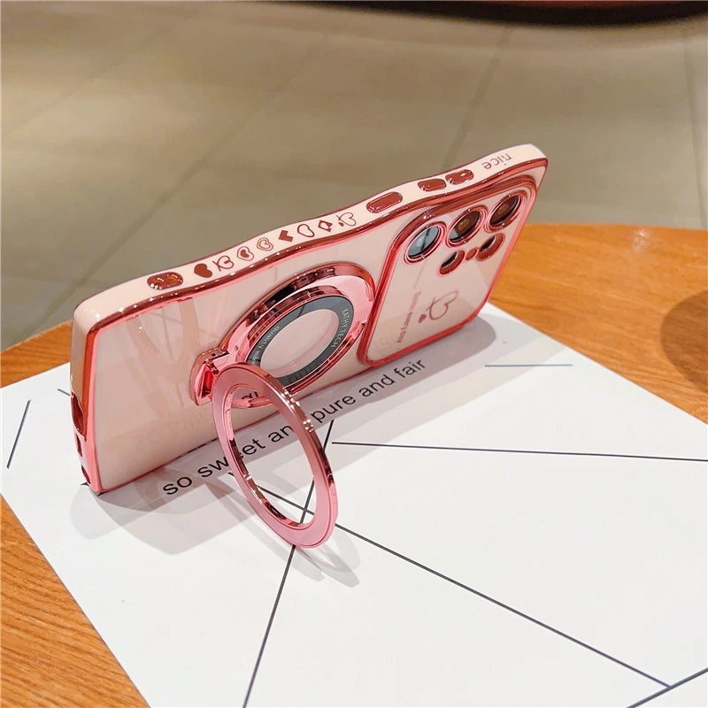 Rotatable Magnetic Kickstand Silicone Phone Case For Samsung S26 Ultra S25Edge S24/23FE S22 Plus Electroplating Love Heart Shell