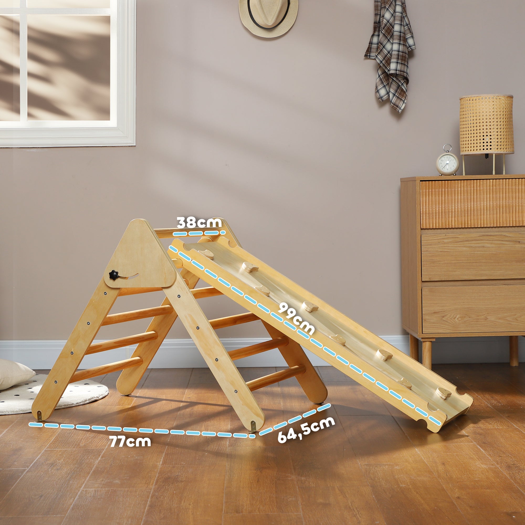 3-in-1 Wooden Climbing Triangle with Ramp for Sliding or Climbing 147X64.5X63 cm Natural