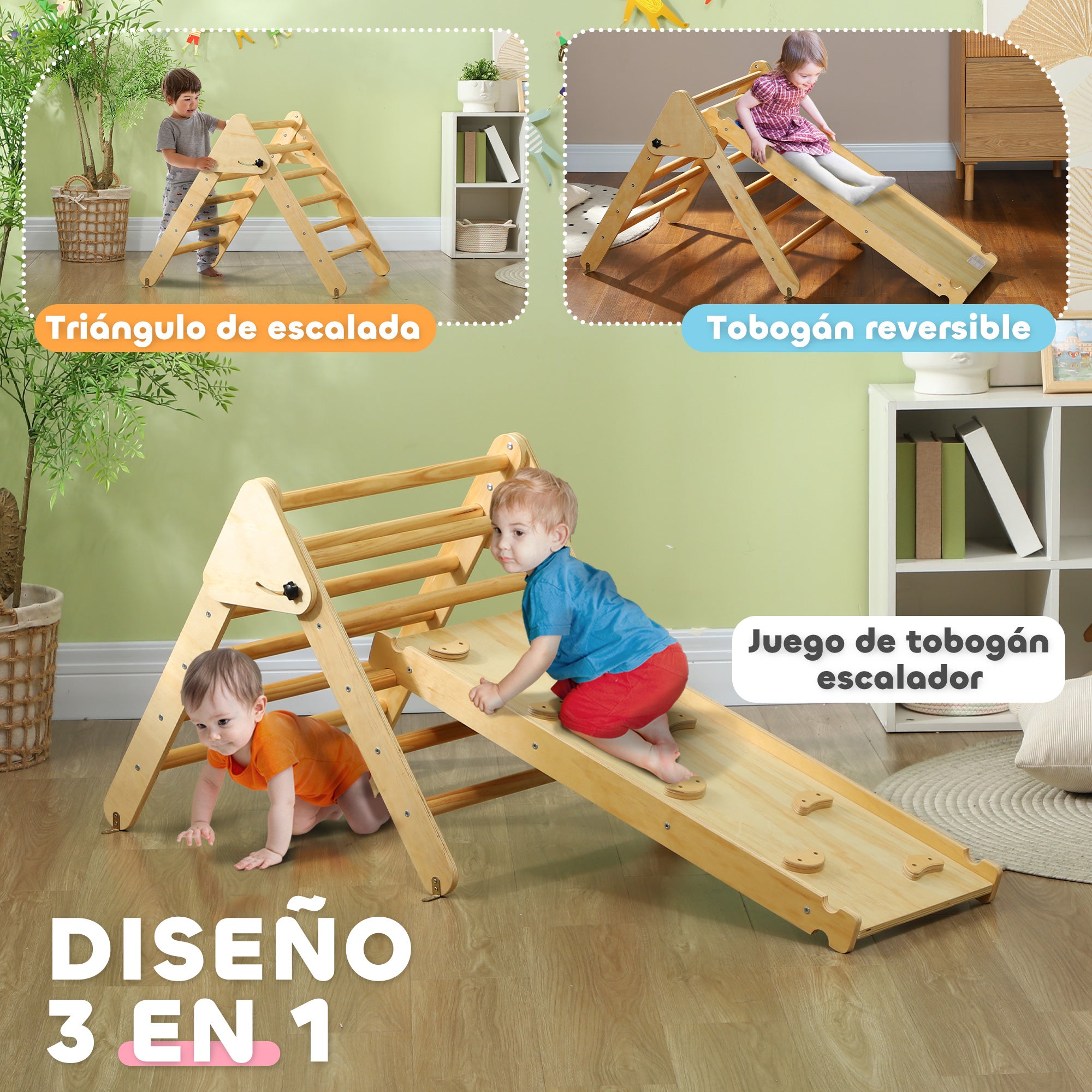 3-in-1 Wooden Climbing Triangle with Ramp for Sliding or Climbing 147X64.5X63 cm Natural